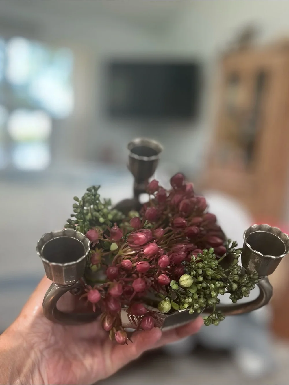 Decorative Metal Centerpiece Bowl &  candleholder with Floral Accent
